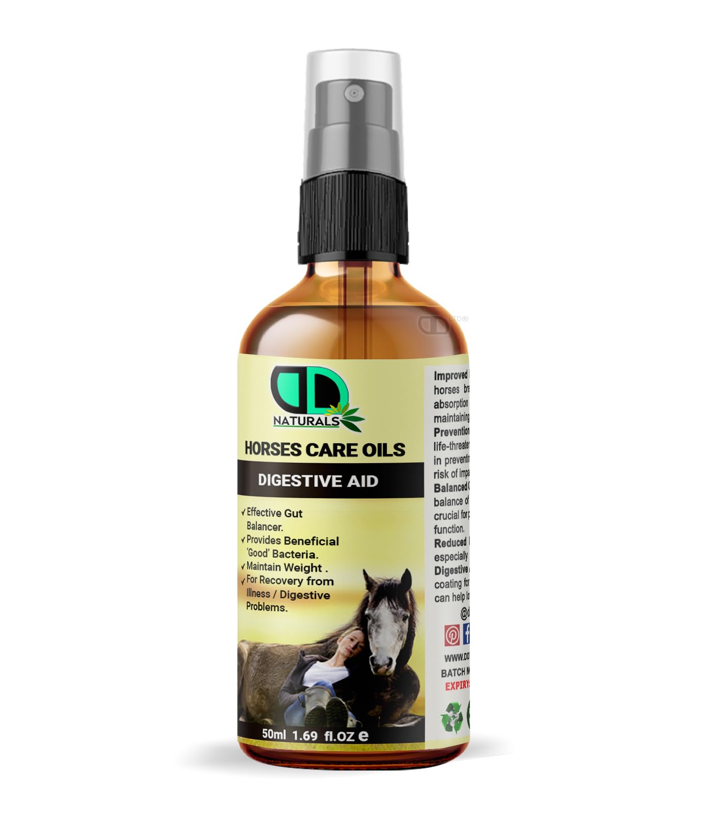 DD Teck Horse Digestive Aid Care Oil Daily Equine Wellness Formula with Gut Balance Support, Beneficial Bacteria, Digestive Comfort, Healthy Weight & Horse Care Routine(50ml Dropper Spray)