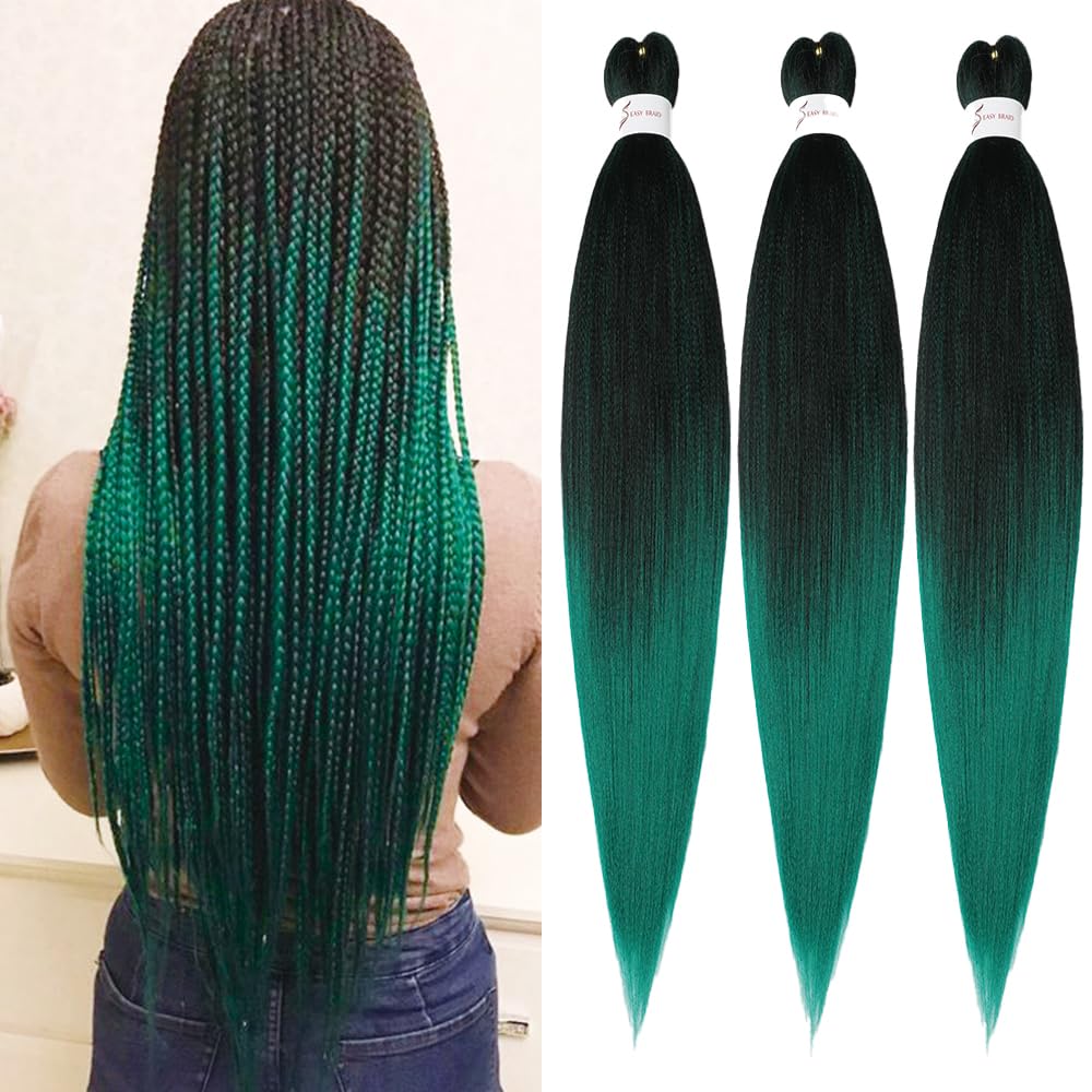 Green Pre stretched Braiding Hair 26 Inch Braiding Hair Extensions Hot Water Setting Synthetic Hair Pre Stretched Crochet Braids Hair(26 Inch,3 Packs,1B/Green#