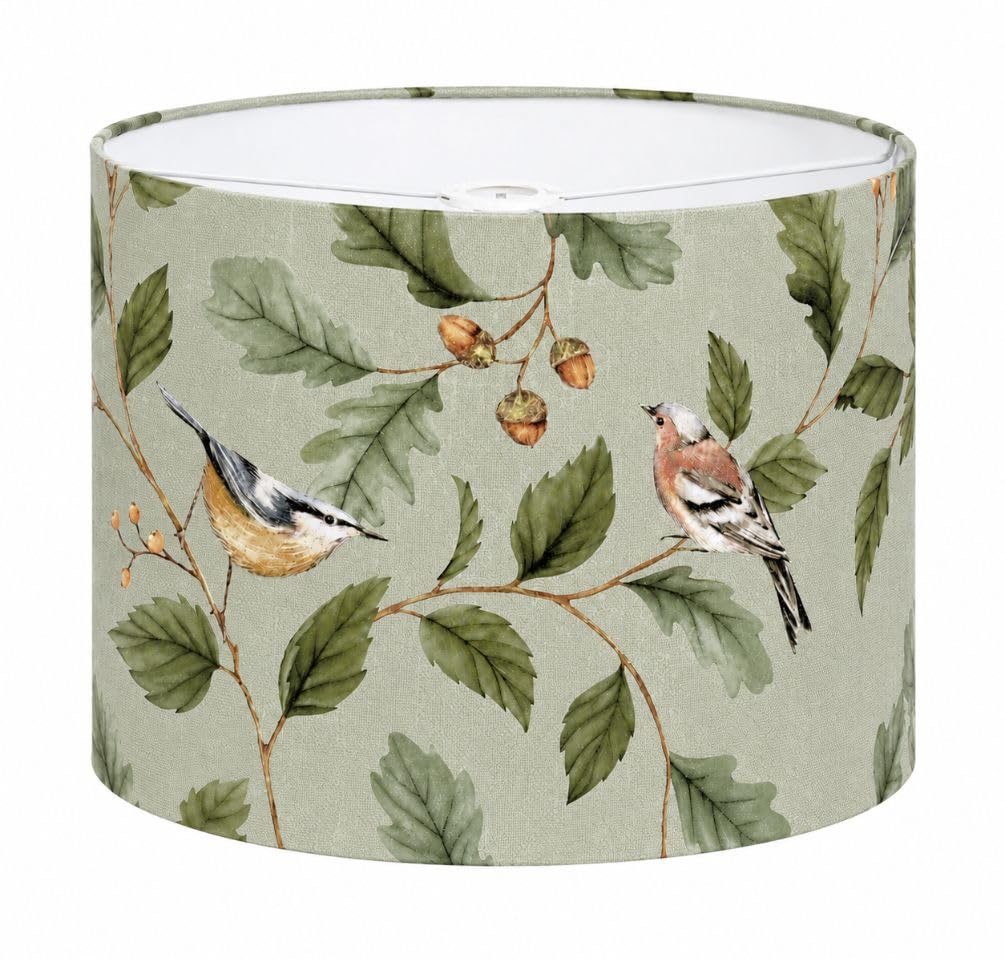 Bird Lampshade for Ceiling or Table Lamps, Sage Green Woodland Drum Light Shade, Cottage Farmhouse Country Style, 25cm or 30cm