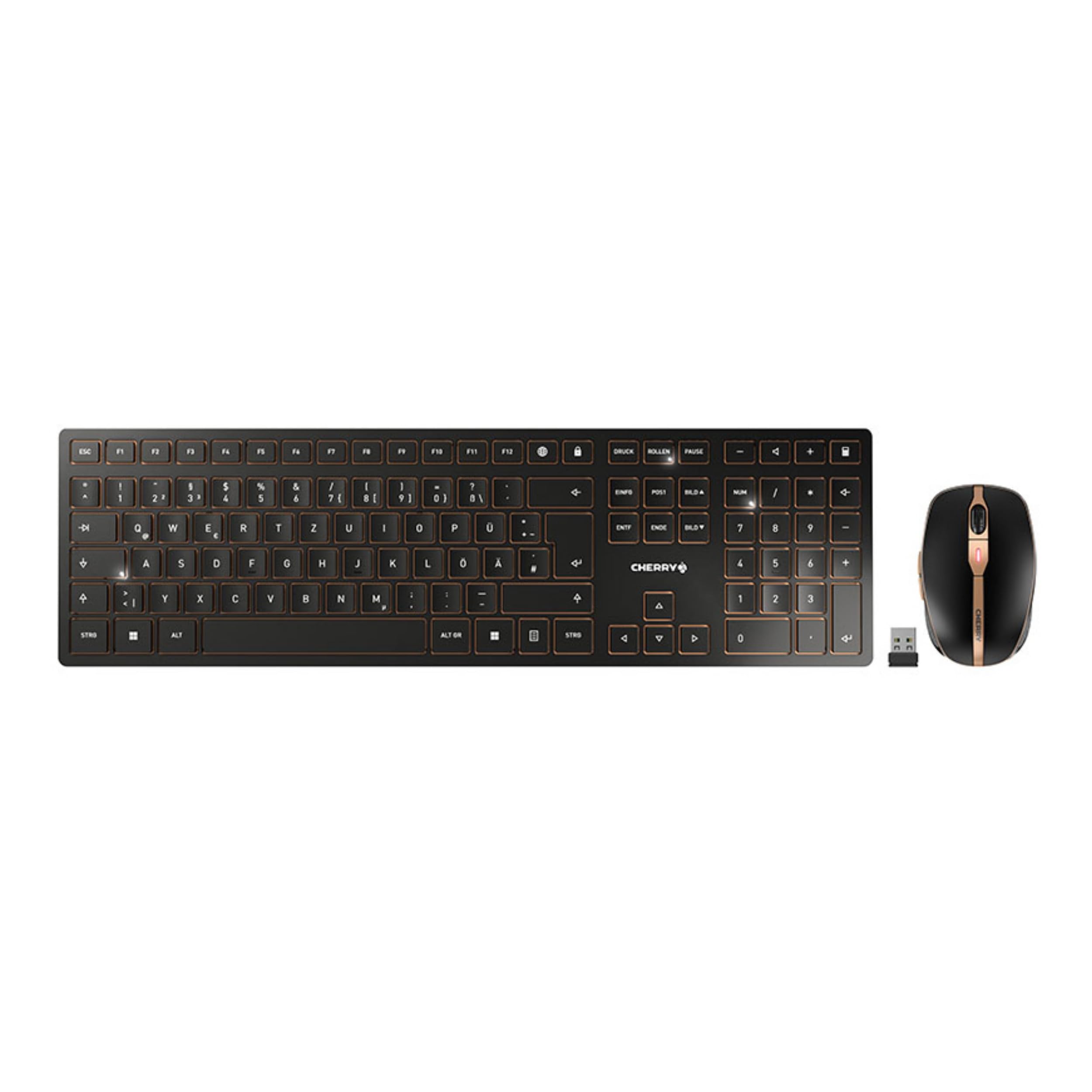 CHERRY DW 9100 SLIM, Set di Tastiera e Mouse Senza Fili, Layout per la Germania (QWERTZ), Connessione Bluetooth e Wireless 2,4 GHz, Tasti Silenziosi, Ricaricabile, Nero-Bronzo