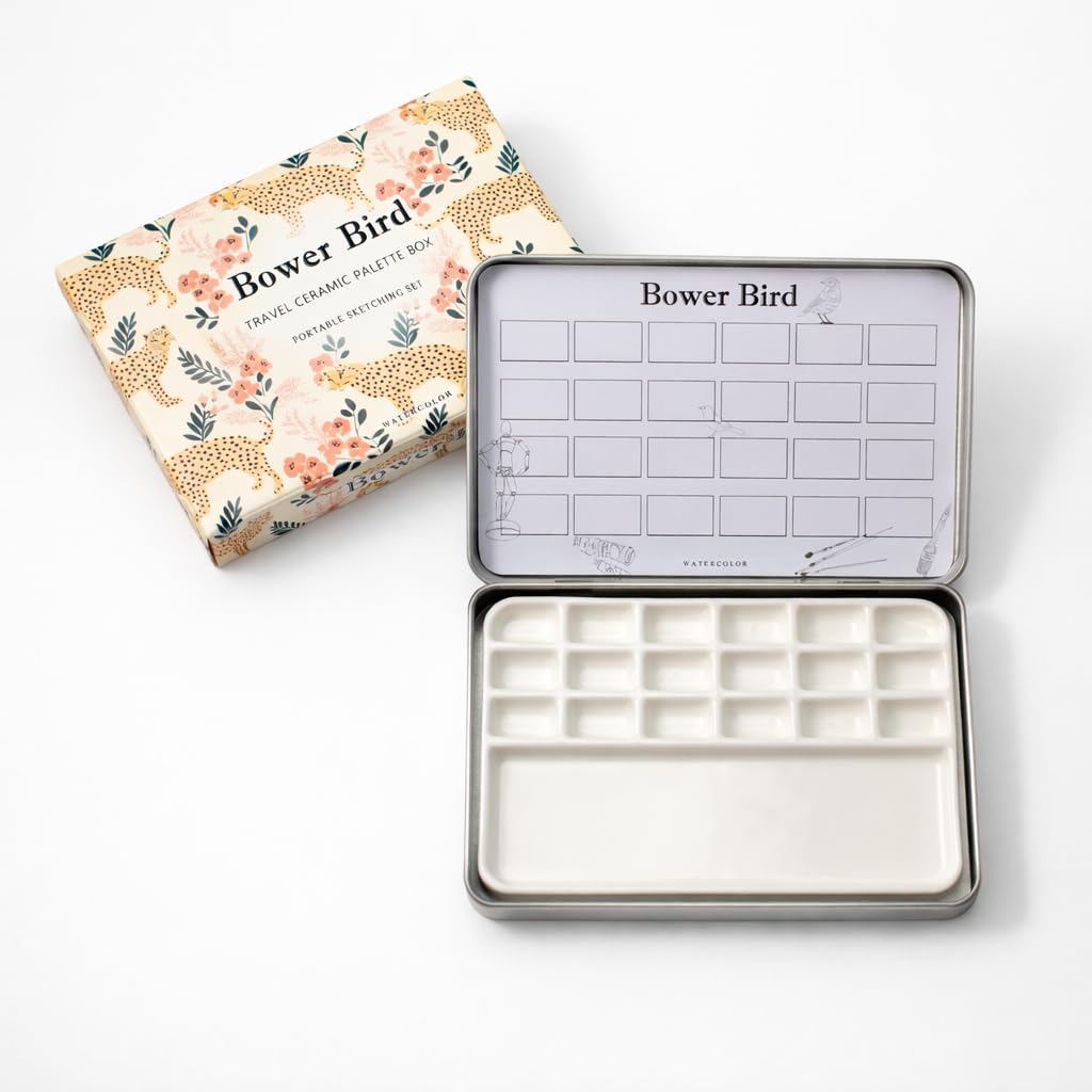 Bower Bird Travel Watercolor Palette with 6 Well Metal Box and 18 Well Porcelain Palette