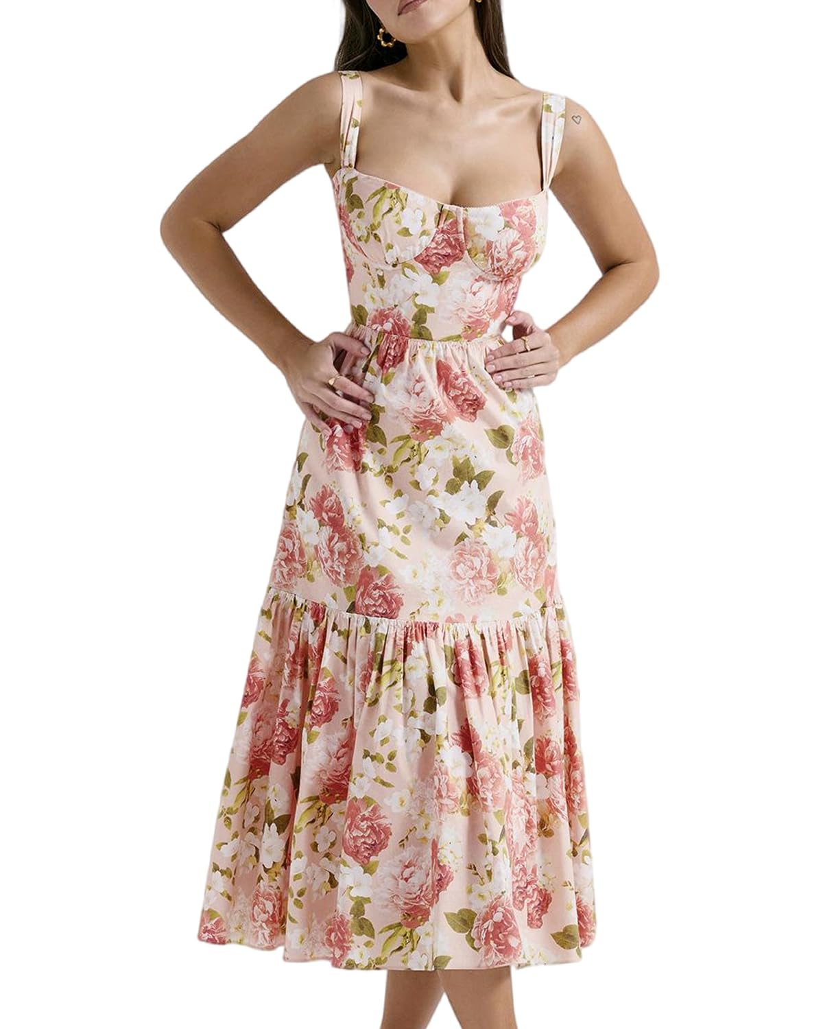 Women's Summer Floral Spaghetti Strap Dress Square Neck Midi Dress with Pocket A-Line Flowy Swing Babydoll Sundress