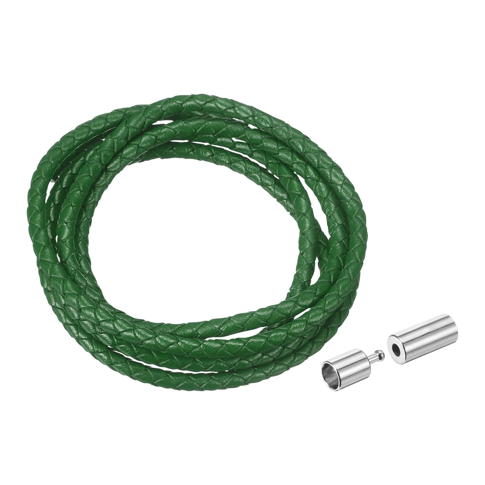 sourcing map Braided Genuine Leather Cord, 4mm 1.1 Yard Round Braiding String with Buttons, Leather Bolo Tie Cord for Crafting, Jewelry Making, Bracelets, Home Decoration, Dark Green