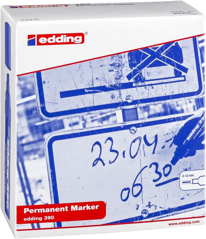 edding 390 Marqueur permanent - Rouge - 10 stylos - Pointe biseautée épaisse 4-12 mm - Imperméable, sèche vite - Marqueur polyvalent universel - pour carton, plastique, bois, métal, verre, toile