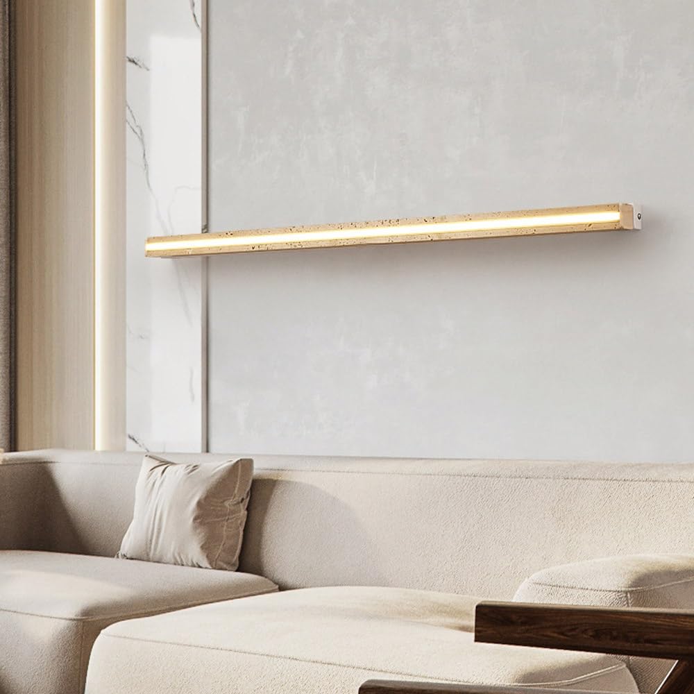 Applique da parete in travertino giallo, lampada da parete in pietra dal design lineare minimalista da 34,2", moderna lampada da parete a LED da 22 W con striscia lunga for camera da letto