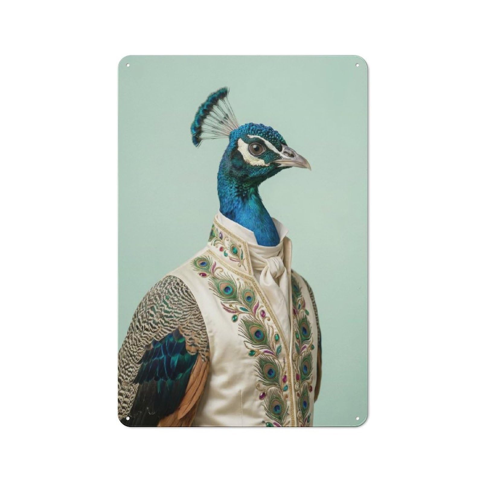 Tin Wall Plaque 30x20cm with Peacock in Vest for Pub Or Café, with Clear Vintage Wall Decor Character
