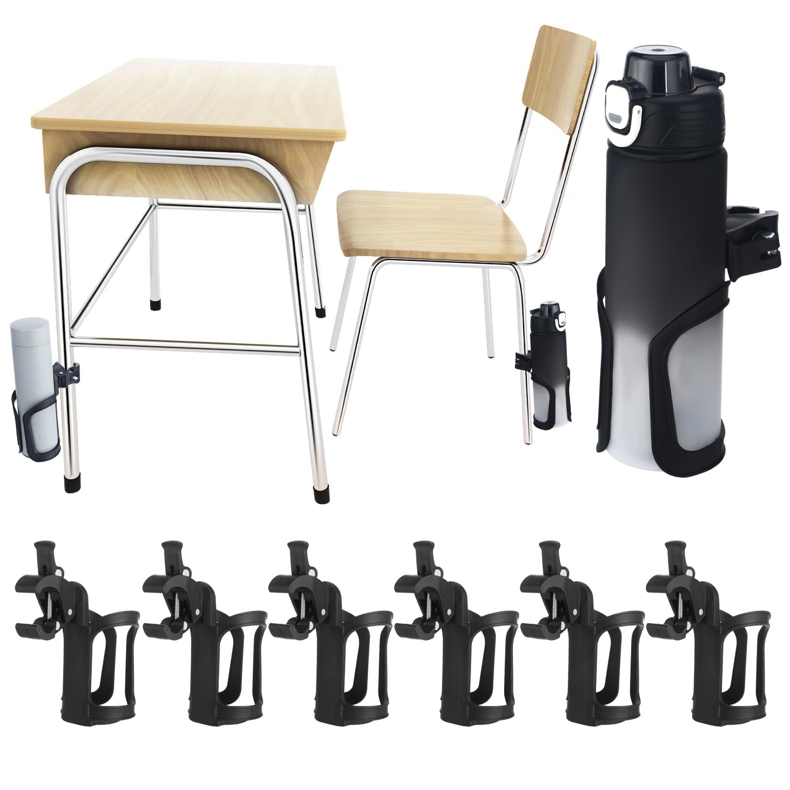 Reallnaive 6 soportes para botellas de agua para aula, escritorio, portavasos de vuelta a clases, regalo para estudiantes, antiderrames, giratorio de 360°, soporte para botella de agua para silla de