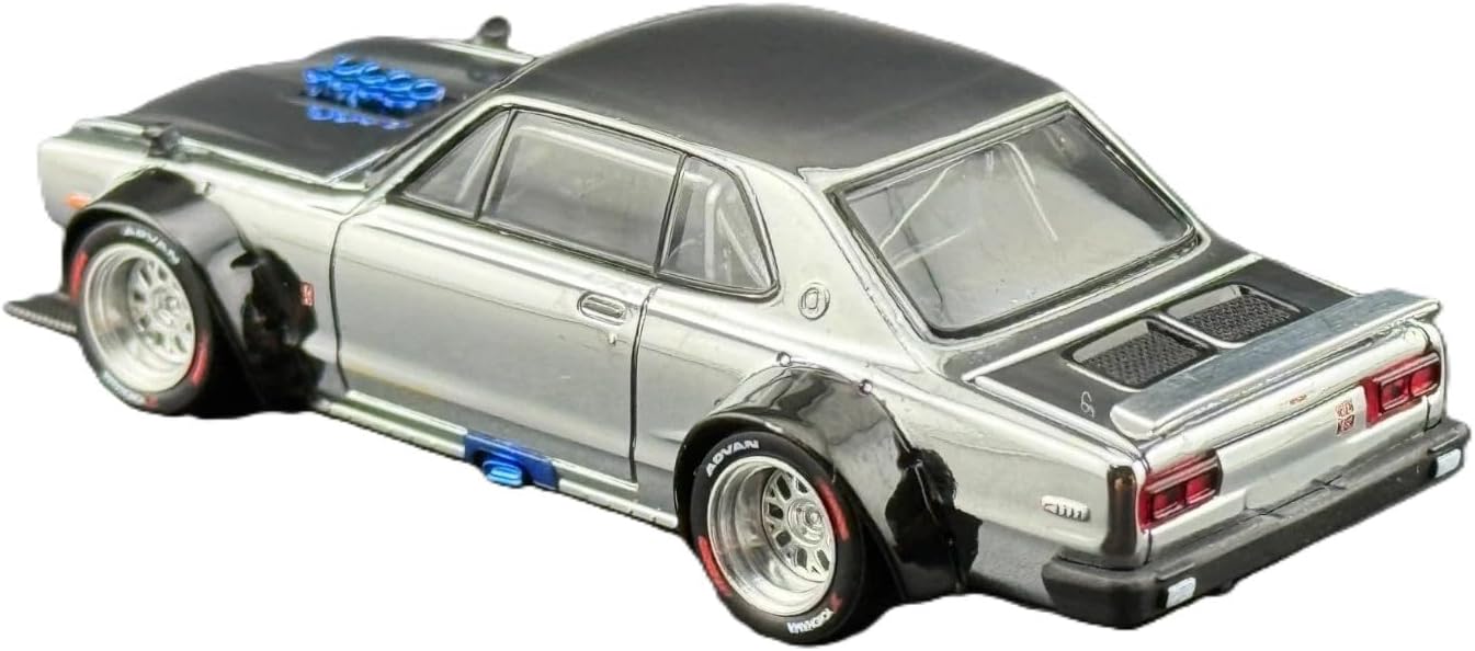 1:64 Diecast Model Car Compatible with Nissan Skyline GT-R V8 Drift (Hakosuka) Silver Chrome Hong Kong Toy Car Salon 2025 Limited Edition by Pop Race PR640330