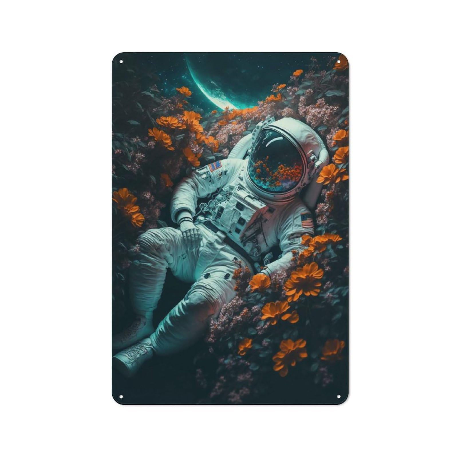 Junmoney Style-12 Retro Metal Wall Sign 30X20cm With Astronaut Among Flowers For Hallway Wall, Suited To Hallway Decor Lovers