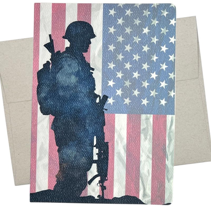 Military Card with Envelope (5X7 Inch and Blank for All Occasions) soldier and American flag for bootcamp, military retirement card, or thank you for your service - 1126