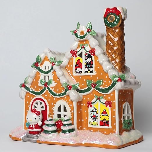 Blue Sky Clayworks Hello Kitty and Friends Warm Gingerbread Christmas Candle House, Light Brown, 9.75-inches Height, Home Holiday Decoration, Ceramic, 23202