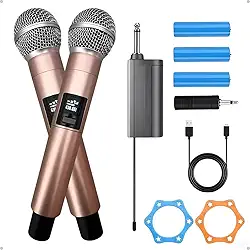 Microfone Dinâmico Duplo UHF Sem Fio, Profissional, Ideal para Festas, Eventos, Karaokê, Palestras e Aulas, Captação de Premium, Alcance Longo, Receptor Inclusos M87 Univerza Produtos (Rosé Gold)