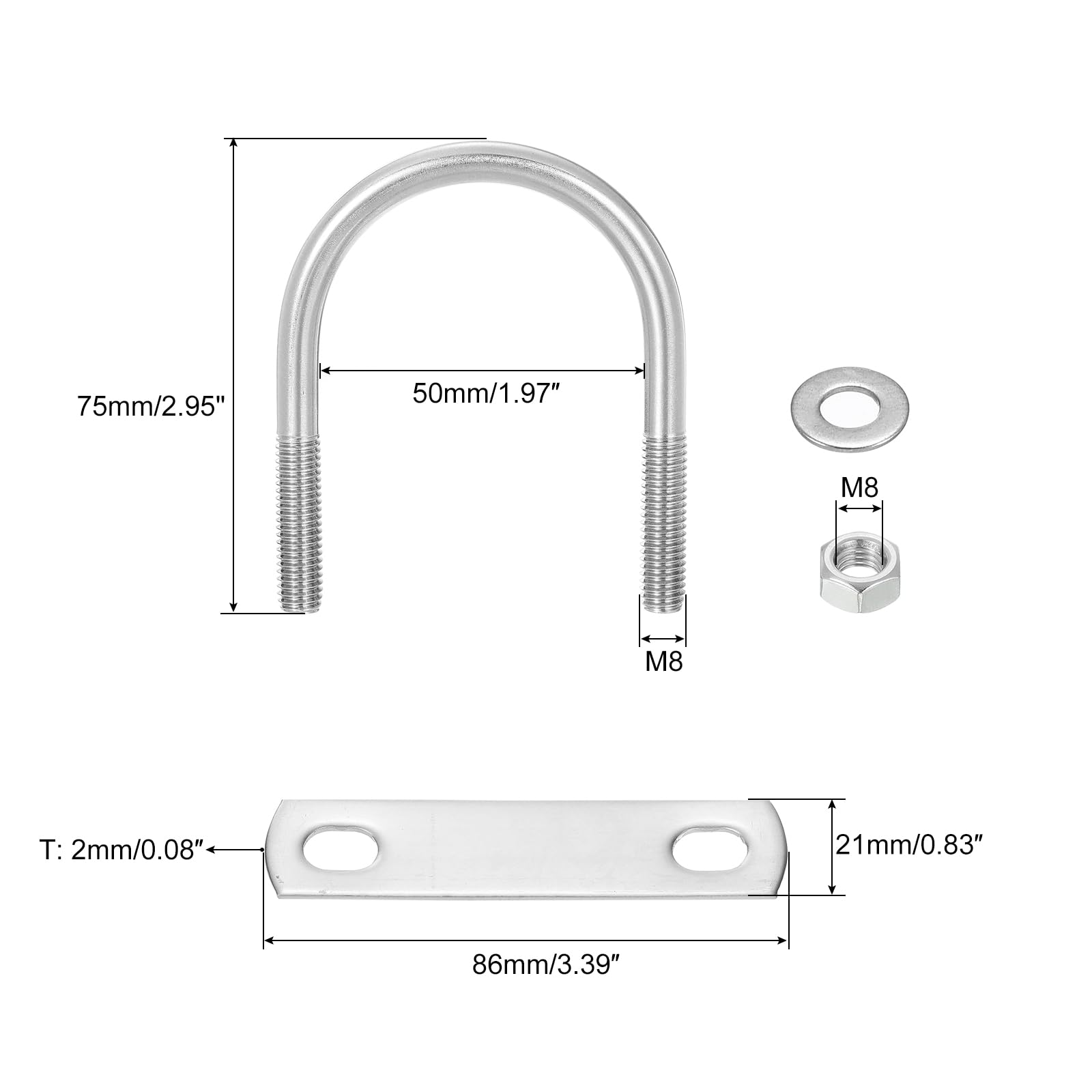 QUARKZMAN Set di Bulloni a U, 8 Set 48mm(1.89") Larghezza Interna 75mm Lunghezza M8 Bullone a U in Acciaio Inossidabile 304 Bulloni a U con Dadi e Piastre, per Rimorchi per Barche