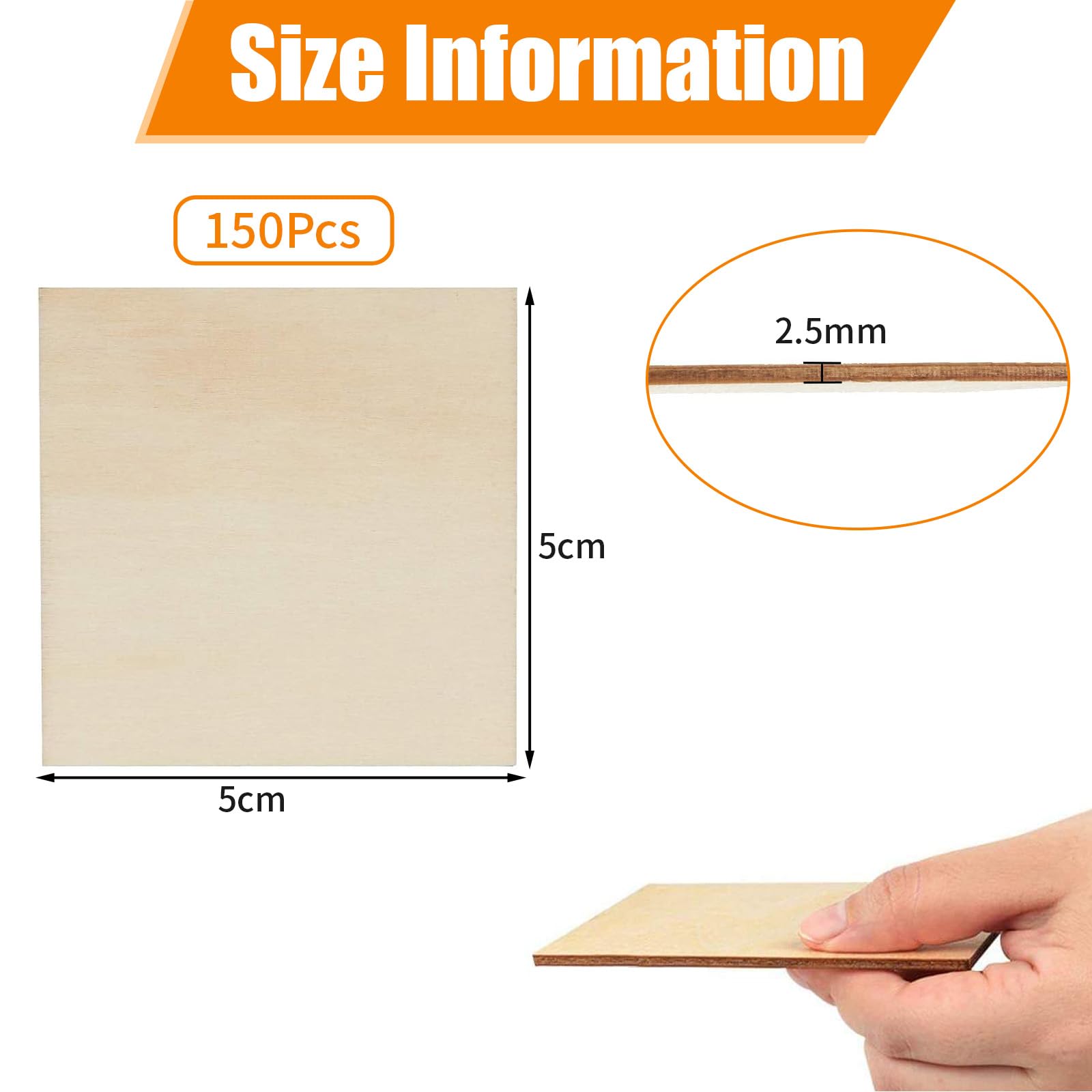 150 Piezas Madera Pintar Cuadradas, 5 x 5cm, 2.5mm Grosor, Sin Acabado, Para Decoración, Manualidades, Bricolaje