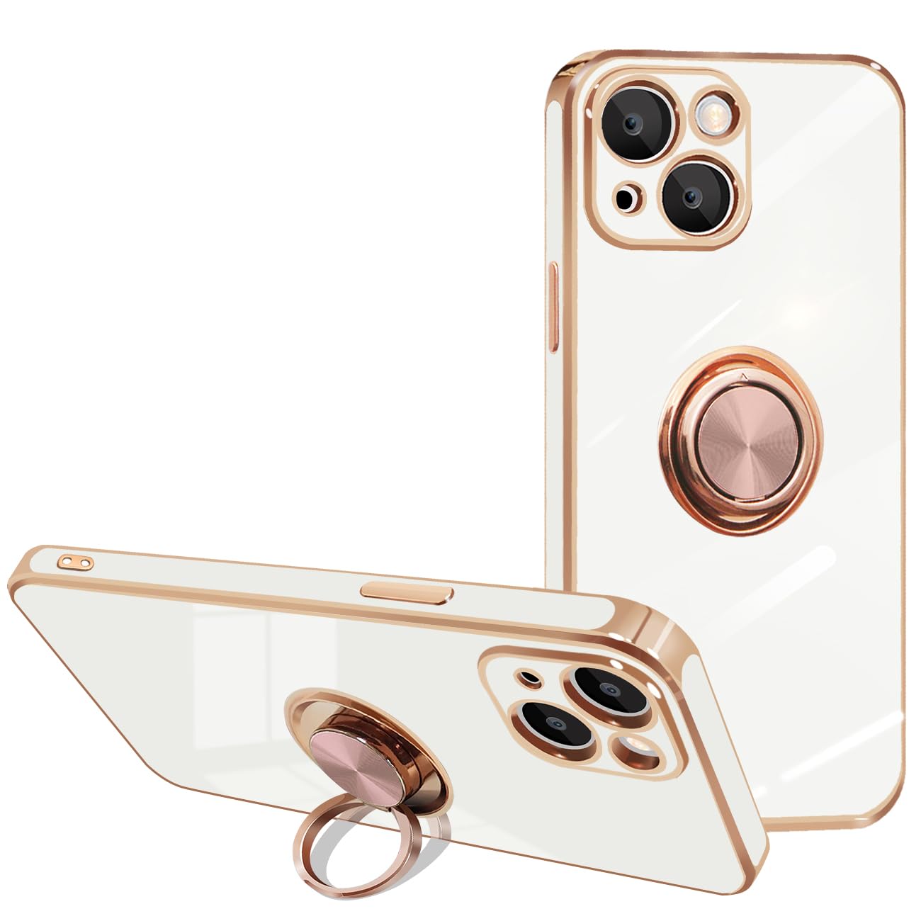 inxhey iPhone 13 ケース リング付き アイフォン 13 ケース スマホケース 携帯カバー 360°回転 リング スタンド機能 ストラップホール付き 車載ホルダー対応 耐衝撃 TPU メッキ加工 カバー iphone 13 6.1インチ用 （ホワイト）