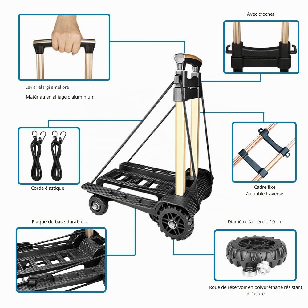 Chariot à Main Pliable, avec Roues de réservoir en PU résistantes à l'usure et silencieuse et Timon d'attelage réglable en Alliage d'aluminium, capacité 60KG / 132LBS et léger (3,9LBS)