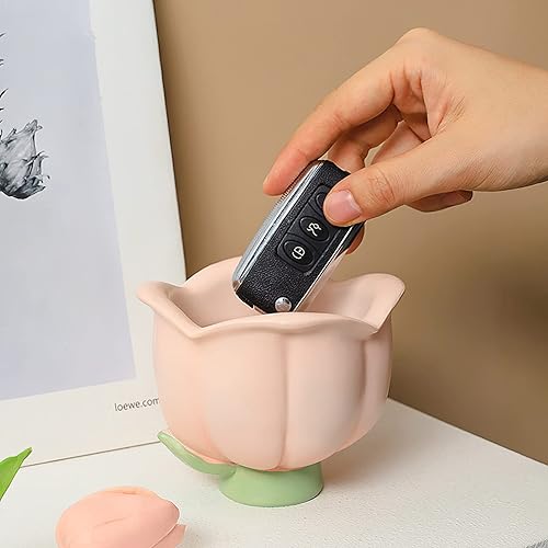 Miniatura 5 de Cuenco para llaves para entrada, bandeja organizadora de joyas, divertido cuenco decorativo para llaves, cartera, dulces, tulipanes rosa