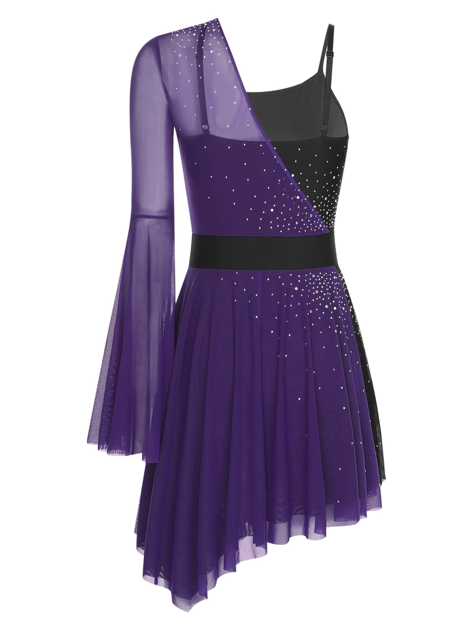 Freebily Abito da Pattinaggio Artistico Donna Monospalla Vestito da Danza Classica Ballerina Manica Svasata Abito da Ballo Latino Tango Costume Danza Samba Rumba Salsa