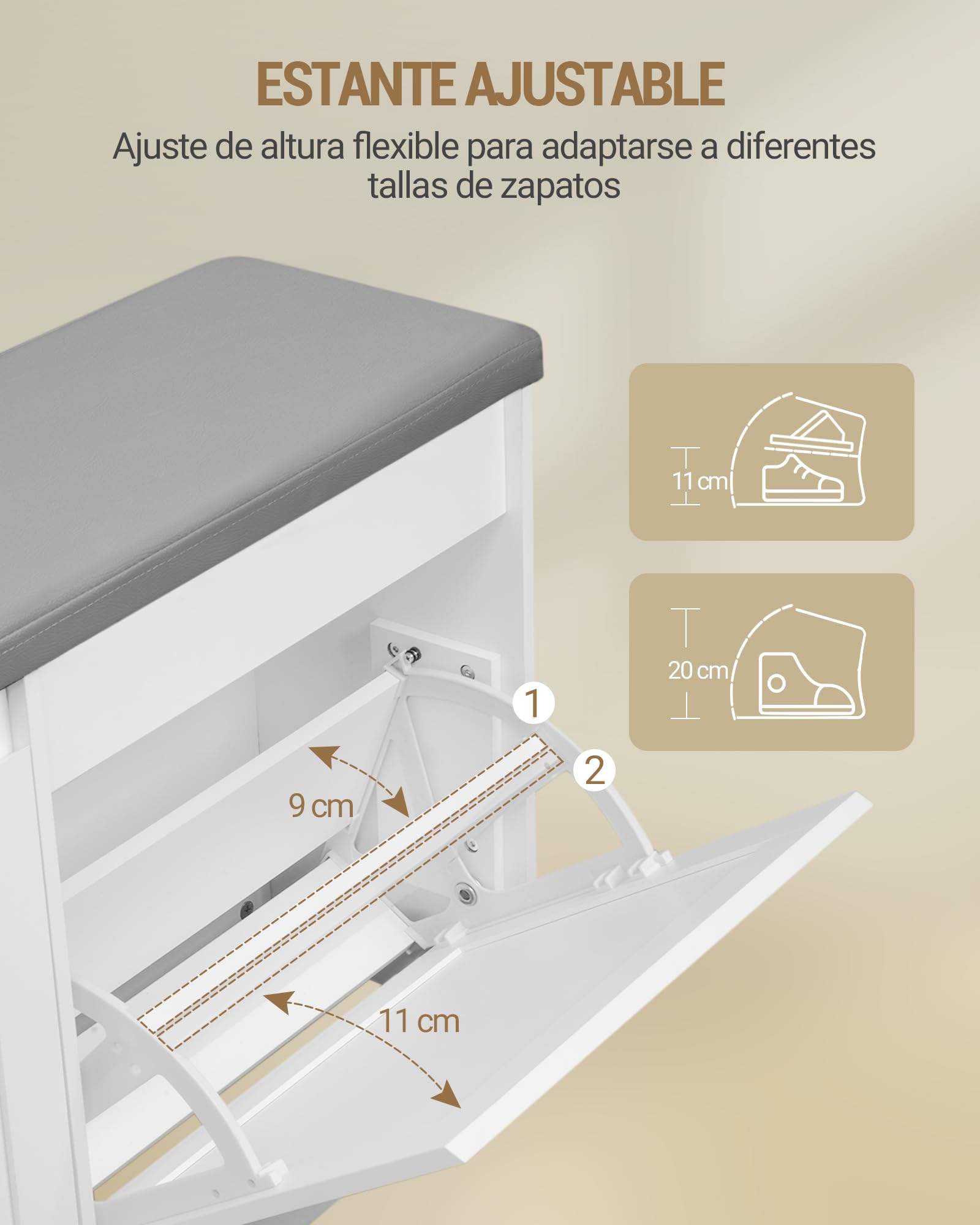 Hzuaneri Banco Zapatero, Mueble Zapatero con Asiento Tapizado, Almacenamiento Oculto, para 8 Pares de Zapatos, 25 x 103 x 50 cm, para Entrada Dormitorio Sala de Estar, Blanco SB26303GY