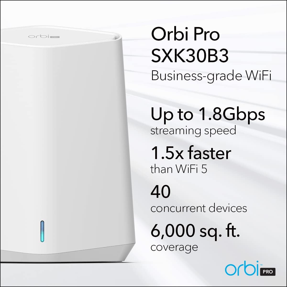 NETGEAR Orbi Pro WiFi 6 Mini Mesh System (SXK30B3) | Router with 2 Satellite Extenders for Business or Home | VLAN, QoS | Coverage up to 6,000 sq. ft., 40 Devices | AX1800 802.11 AX (up to 1.8Gbps)