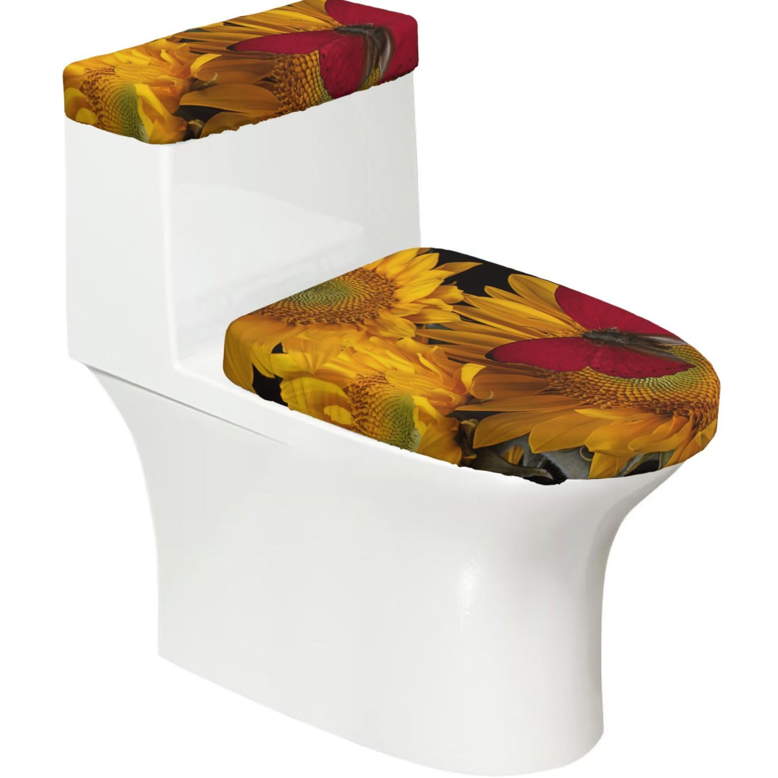 Yellow Sunflowers With Red Butterfly Print Toilet Seat Lid And Tank Covers Universal Fit Smooth Seat Cushion Easy To Clean For Home Hotel