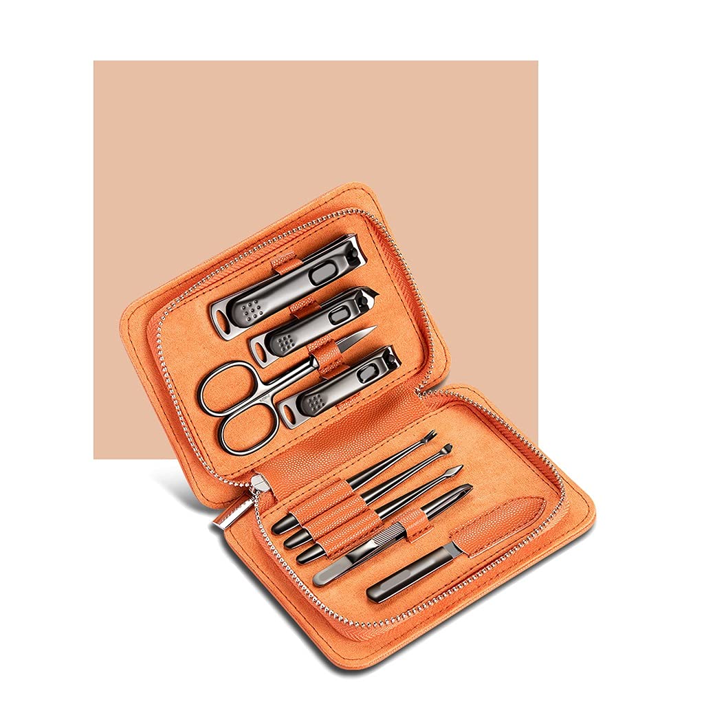 AMONG Kit de Manicura Herramientas del Clavo de Acero Inoxidable Clippers Sistema del Cuidado Personal exfoliantes 9 Pieza Hombre y Mujer Naranja Kit de Cortauñas