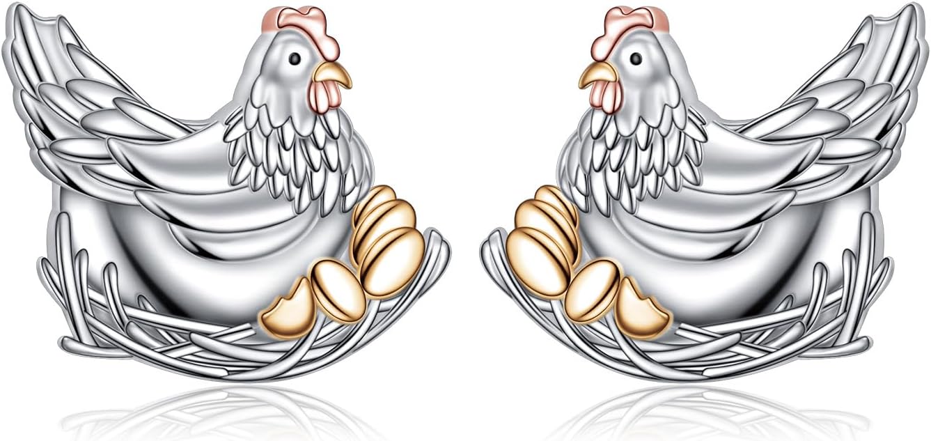 Alphm Chicken Earrings for Women 925 Sterling Silver Silkie Chicken/Rooster Stud Earrings Cute Farm Jewelry Chicken Lovers Gift for Mom Daughter Girlfriend