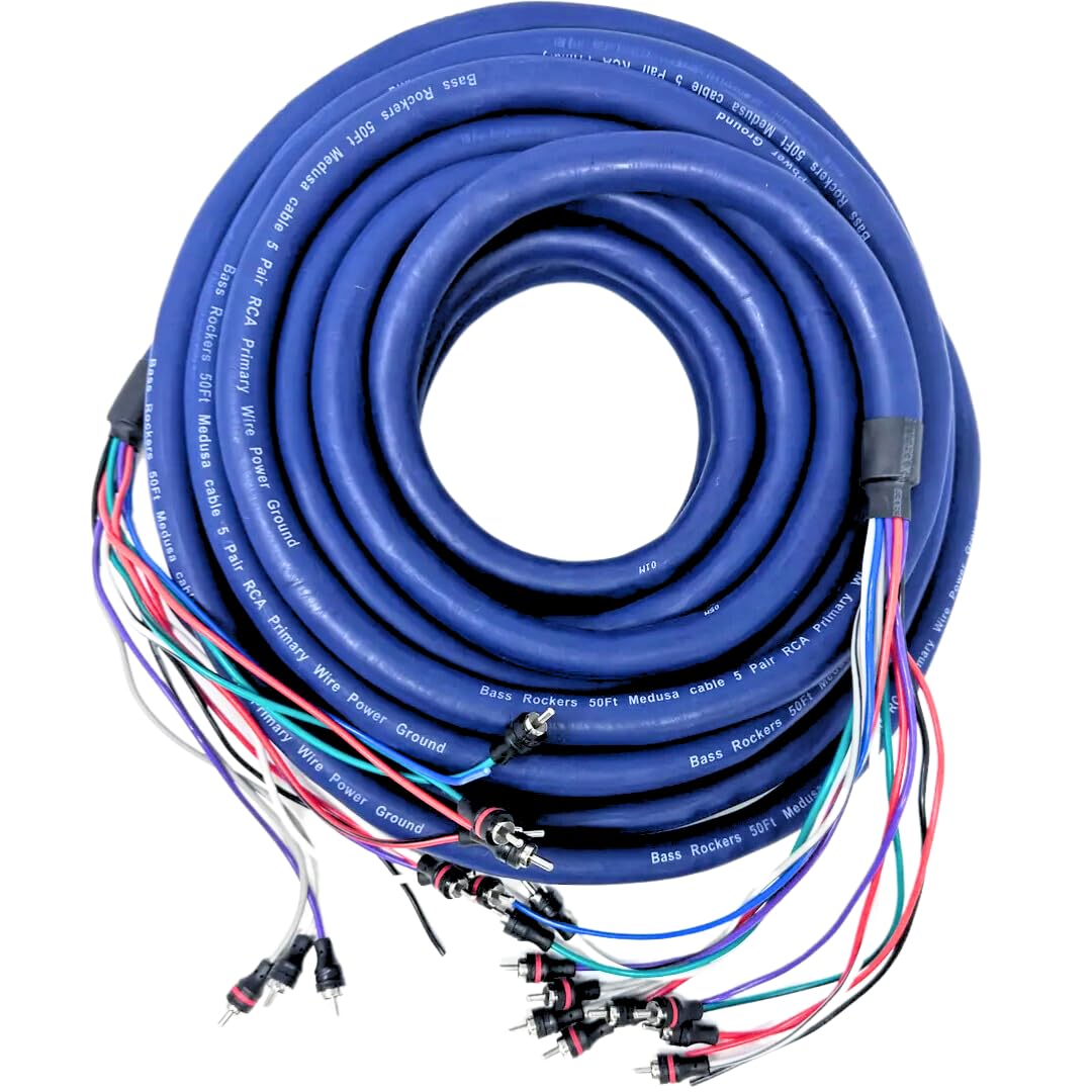 Bass Rockers Cavo BRmedusa50 resistente da 15 metri con 5 paia di cavi RCA, cavo di alimentazione a serpentina di messa a terra per estensione radio box