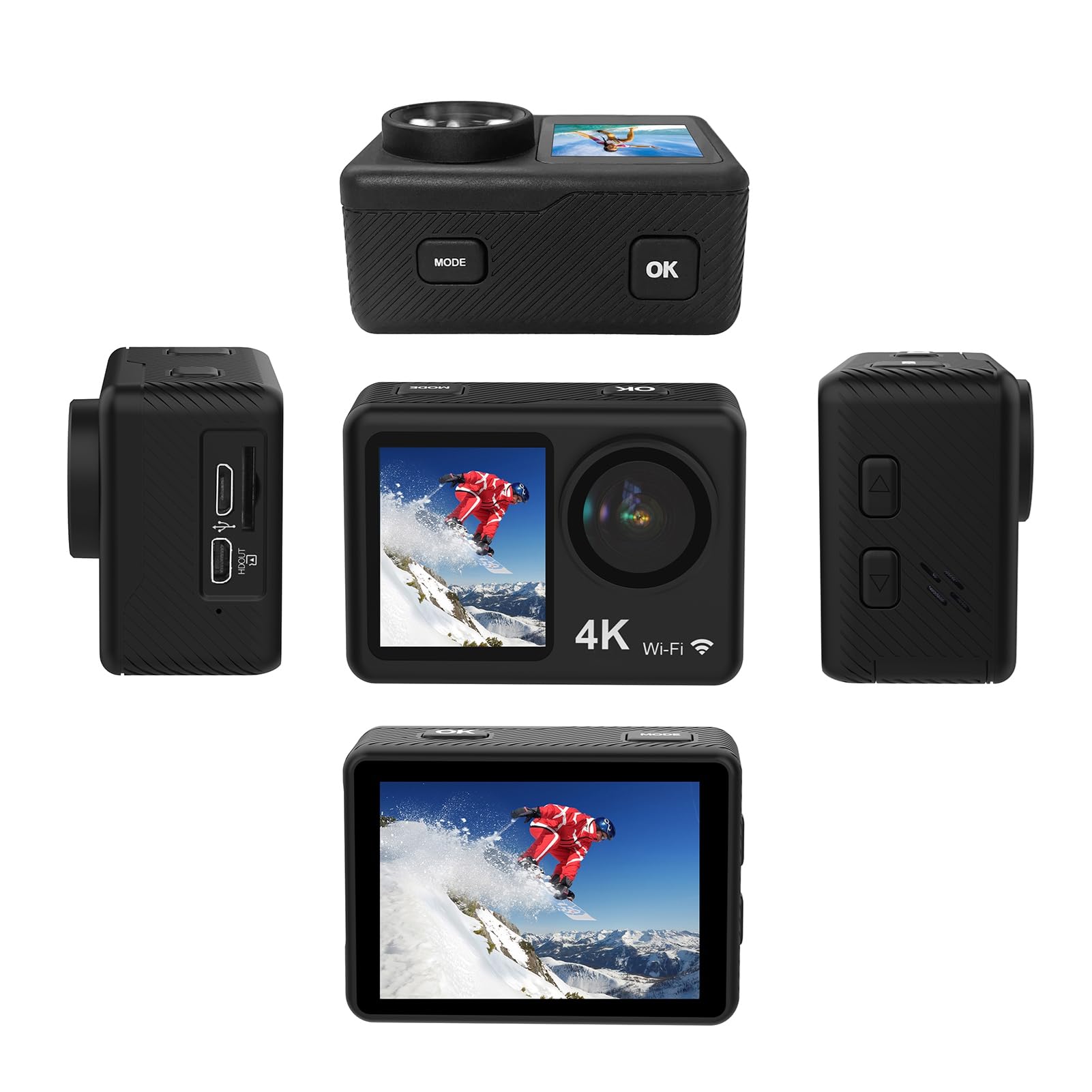 Action Camera 4K 24MP Telecamera Sportiva con Doppio Schermo WiFi Obiettivo Grandangolare 170° Kit di Accessori di Montaggio Impermeabile 30M per Immersioni, Surf, Sci e Ciclismo