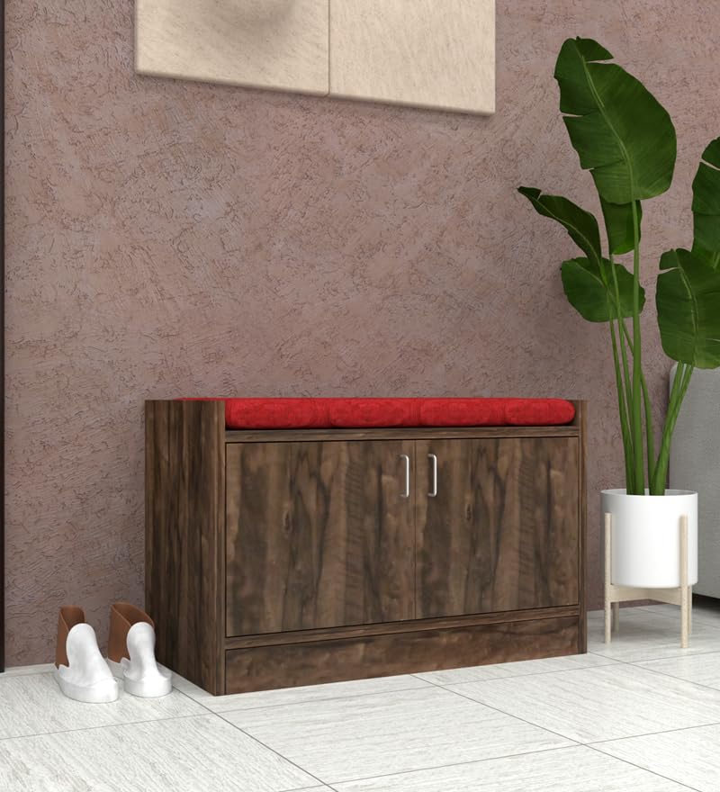 Image of SPECIALITY PANELS 2 Door Shoe Rack with Cushion, DIY Assembly, Brown Wood Finish with Red Cushion, 75x49 cm Entryway Storage Bench
