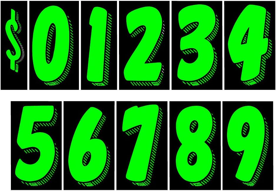 7 1/2 Vinyl Number Decals, Windshield Pricing Stickers, Chartreuse Car Lot Pricing Numbers, 11 Dozen
