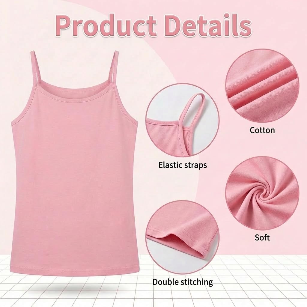 6 Pcs Girls Tank Top, Spaghetti Strap Camisole Sleeveless Undershirts, Soft Breathable Basic Tops