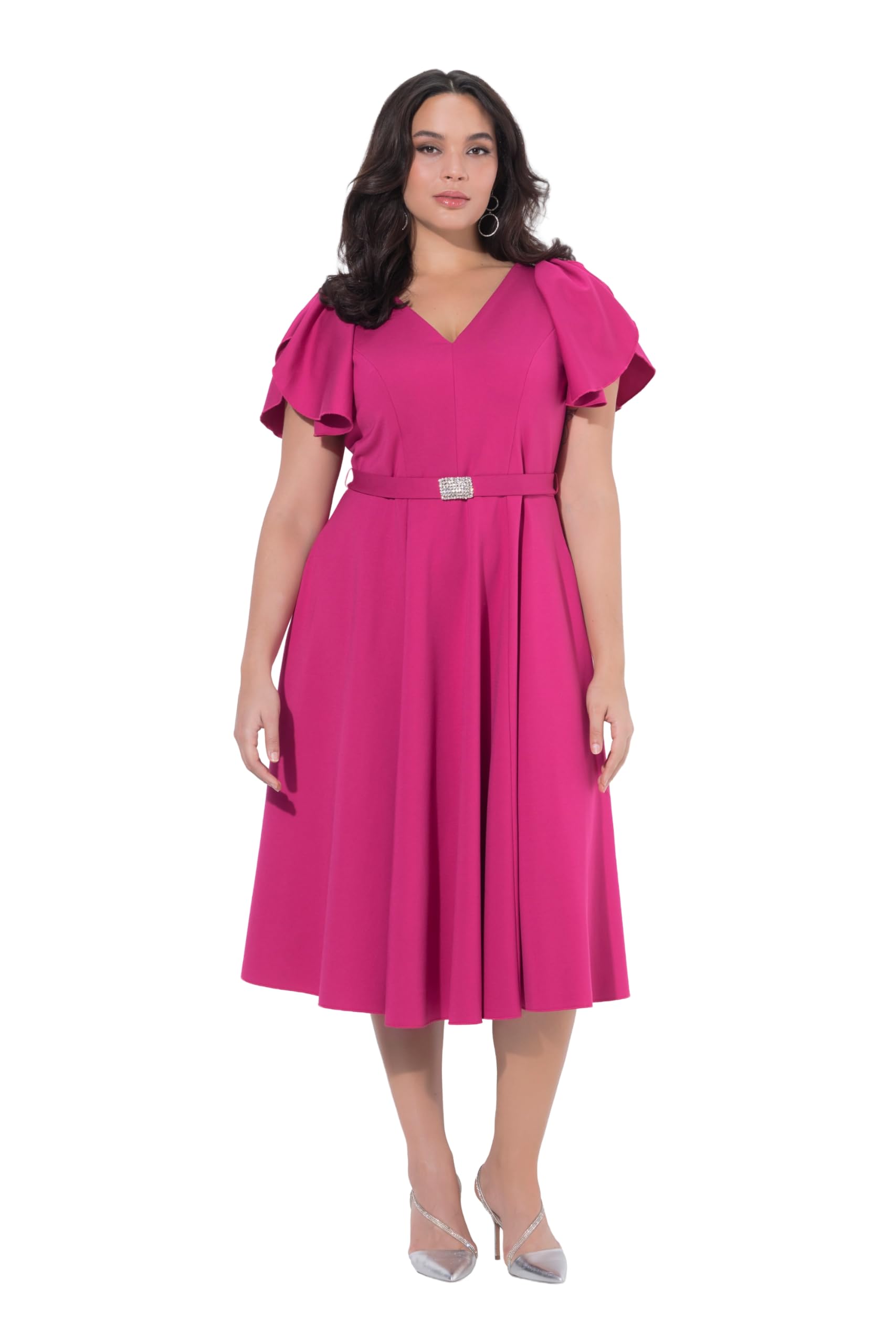 Ulla Popken Damen große Größen Übergrößen Plus Size Midi-Abendkleid, Zierschleifen, V-Ausschnitt, ärmellos 847843