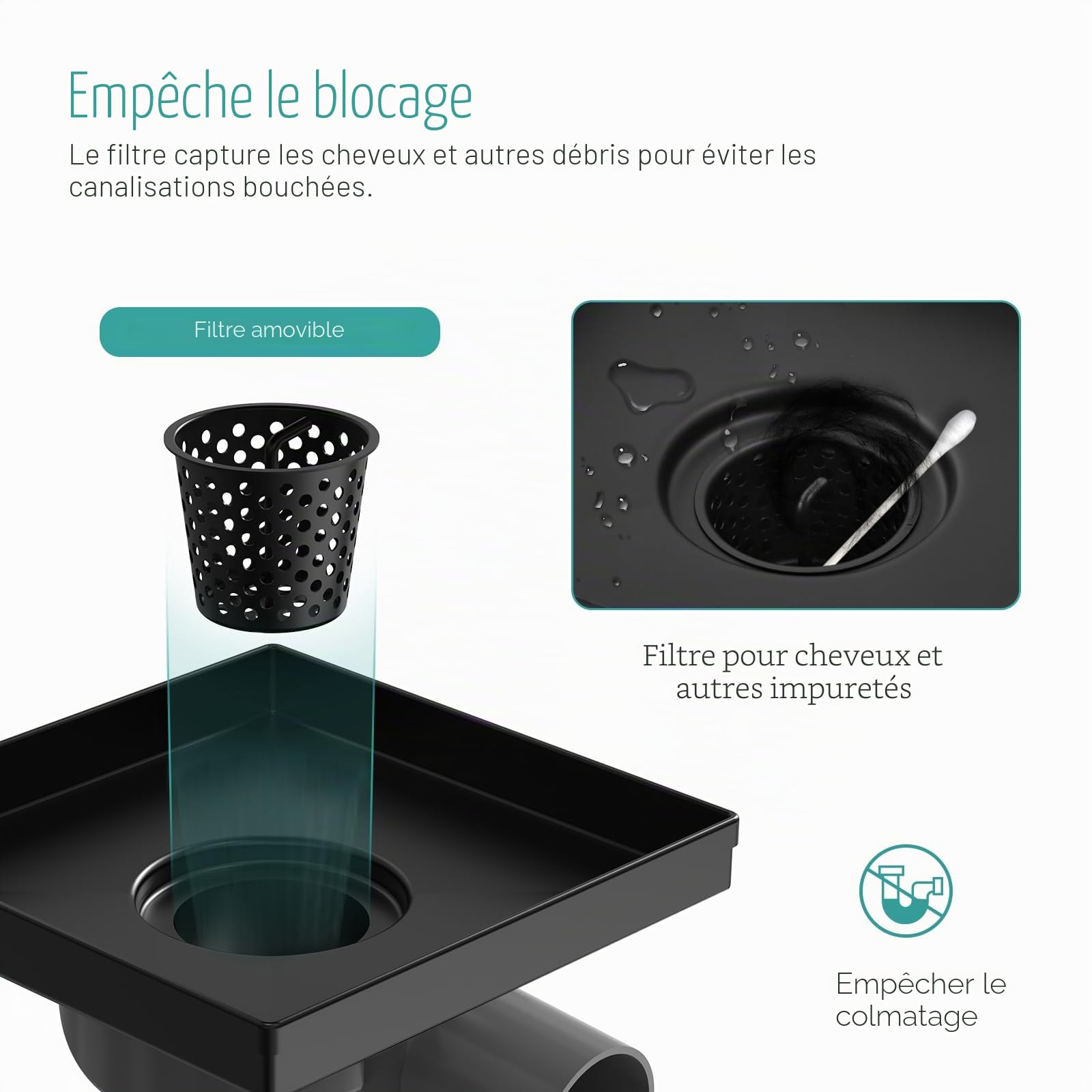 EMKE Bonde de douche avec siphon, caniveau de douche, siphon de douche, siphon anti-odeurs et tamis à cheveux, trou d'écoulement pour receveur de douche, noir
