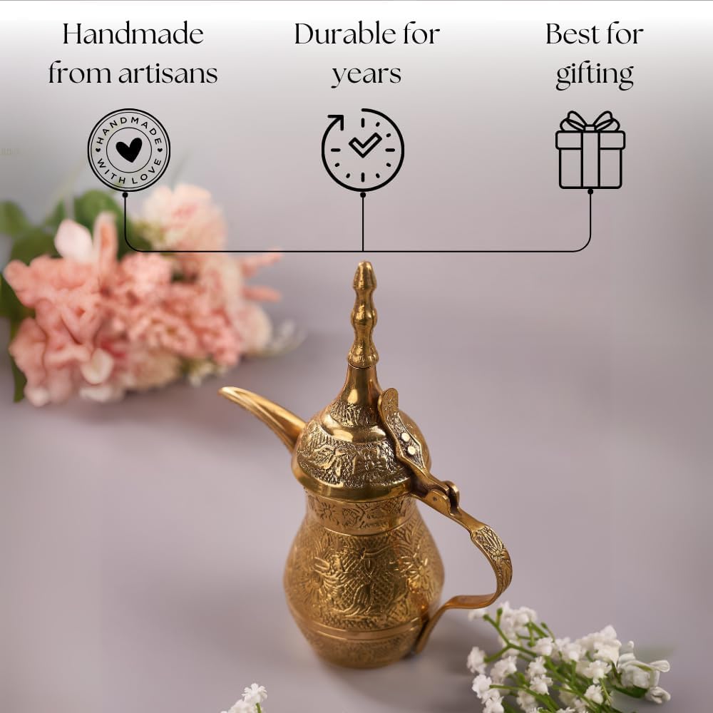JVNX Traditional Arabic Dallah Coffee Pot – Vintage-Style Brass Finish Decorative Piece for Home, Office, and Cultural Events – 18cm – Pack of 1