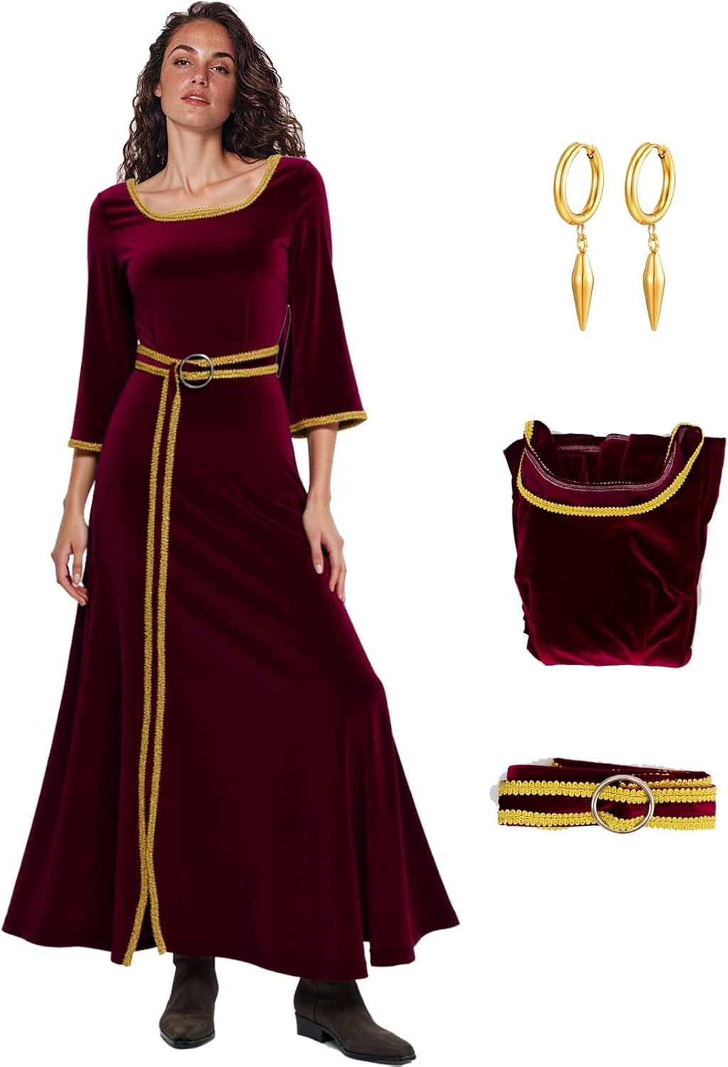 Mother Gothel Costume Women Red Velvet Renaissance Dress Evil Witch Halloween Cosplay Outfits with Earrings Belt Red Medium