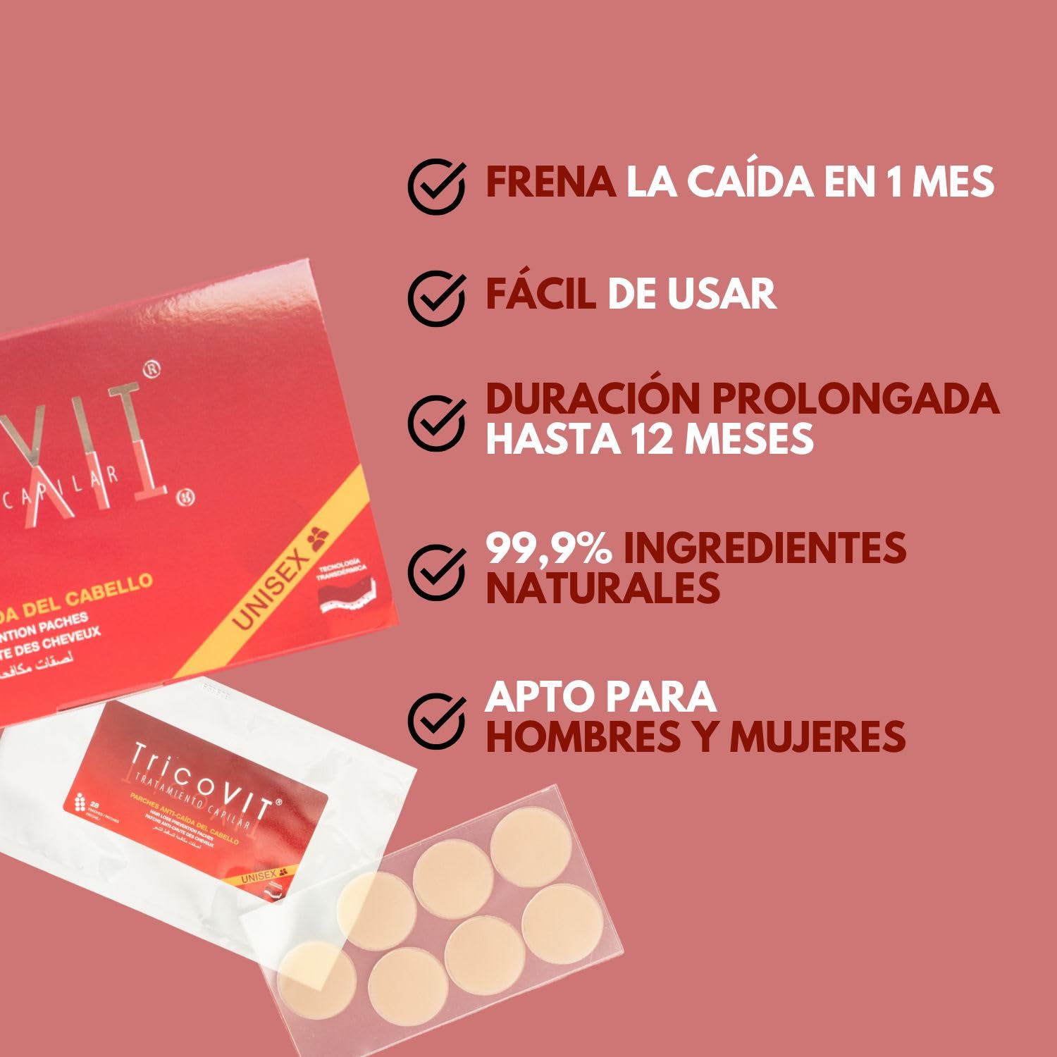 TricoVIT | Parches Anticaída Cabello Mujer, Frena la Caída en 28 días - Ingredientes Vegetales, Aumenta la Densidad y la Fuerza de tu Cabello, Apto para Hombre y Mujer (28 Parches)