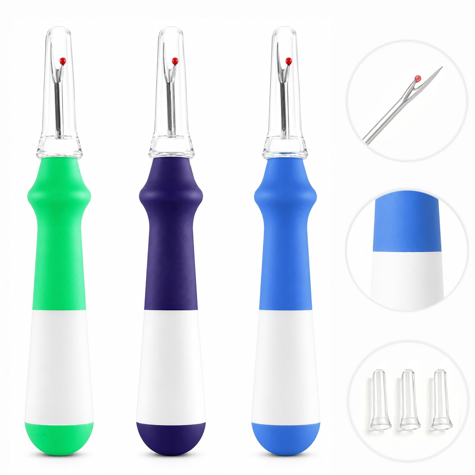 Destripador de costuras para costura, 3 piezas, colorido y práctico destripador de puntadas y herramienta para quitar hilos para coser y manualidades, con diseño ergonómico y tapa de seguridad