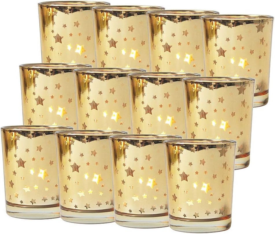Seloom Gold Votive Candle Holder Set of 12, Mercury Bulk Glass Tealight Candle Stands, Perfect for Home, Parties, and Wedding Decor-Tea Light Candles not Included