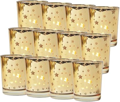 Seloom Gold Votive Candle Holder Set of 12, Mercury Bulk Glass Tealight Candle Stands, Perfect for Home, Parties, and Wedding Decor-Tea Light Candles not Included