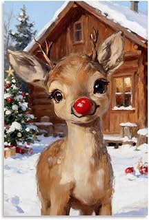 Rudolph Painting Reindeer Cute Wall Art Poster, Whimsical Deer Christmas, Moody Red Nose Christmas Rustic Artwork Wall Decor 16x24inch(40x60cm)