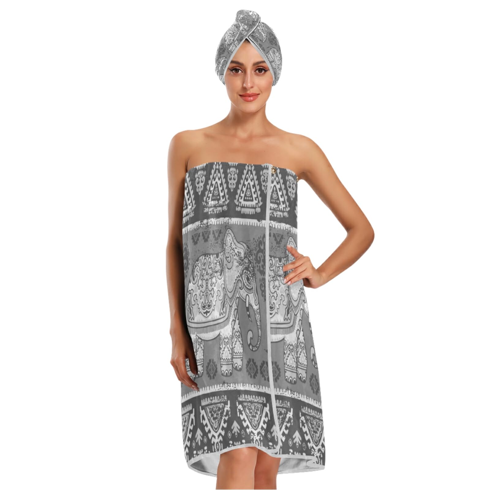 Poeticcity Women's Multi 9 Vintage Graphic Indian Ethnic Elephant African Tribal Ornament Bath Body Wrap, Absorbent Spa Towel Robe, Bathrobe Set Of 3 With 1 Adjustable Closure Shower Wrap 1 Headband 1 Hair Towel Wrap