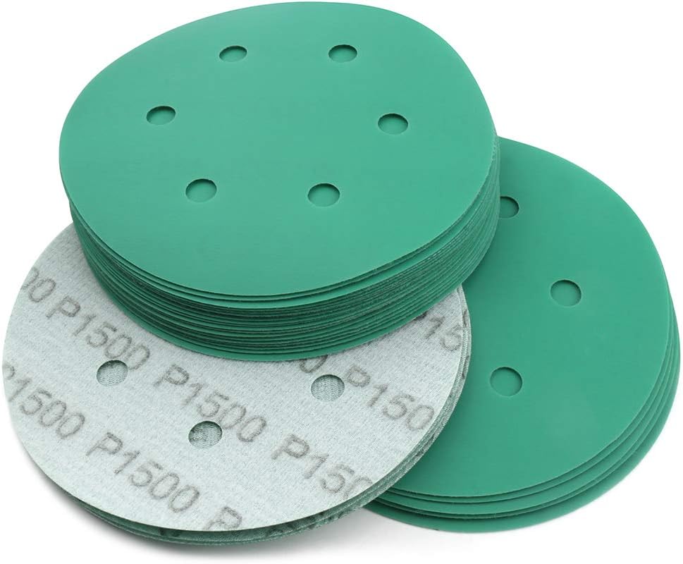 Sanding Discs 6 Inch,Green Film 6 Hole Dustless Hook and Loop Wet Dry 1500 Grit Sandpaper for Random Orbital Sander,Round Sand Paper for Woodworking and Automotive Metal Polishing Finishing,30 Pack