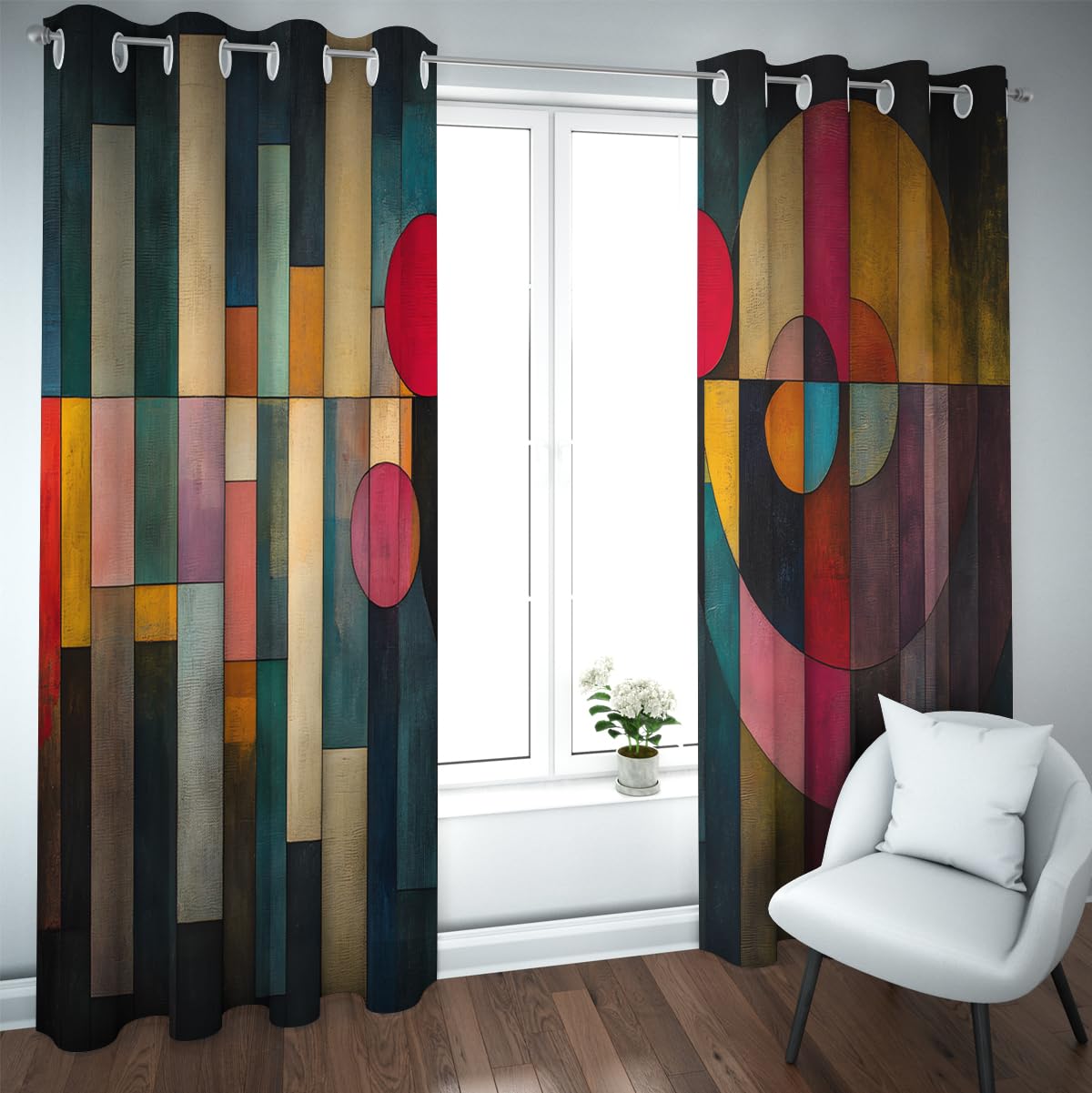 Rideaux occultants géométriques à rayures verticales et motifs circulaires