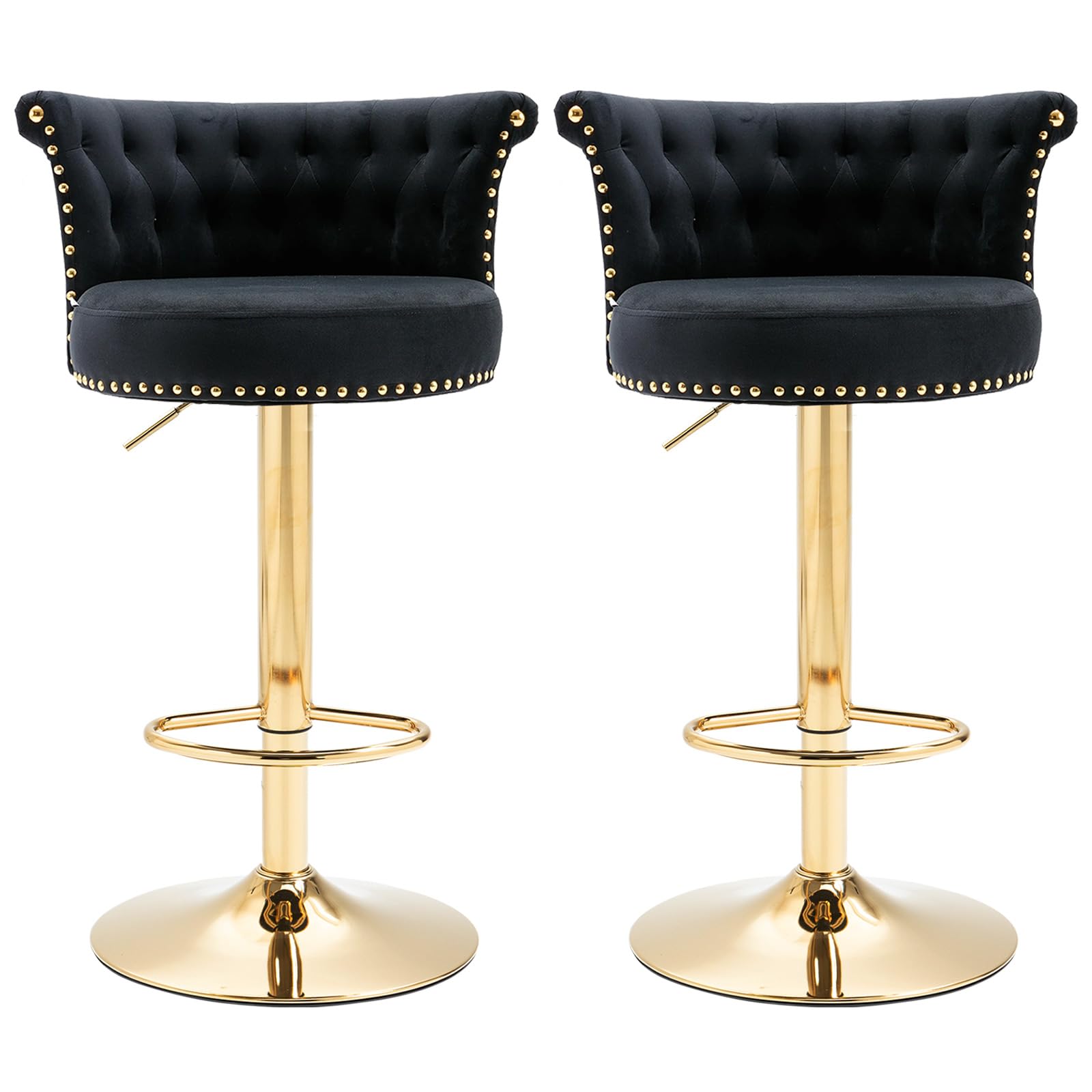 Modern Swivel Bar Stools, Adjustable Counter Height Gold Barstools with Backs Upholstered Tufted Velvet Bar Chairs for Kitchen Island Counter Stools Taburetes para Barra De Cocina (Black, Set of 2)