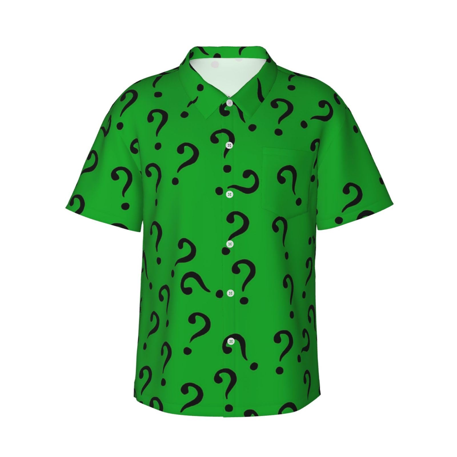 Sanfutian Question Mark in Green Men's 3D Print Casual Button Down Shirts, Novelty Hawaiian Short Sleeves M