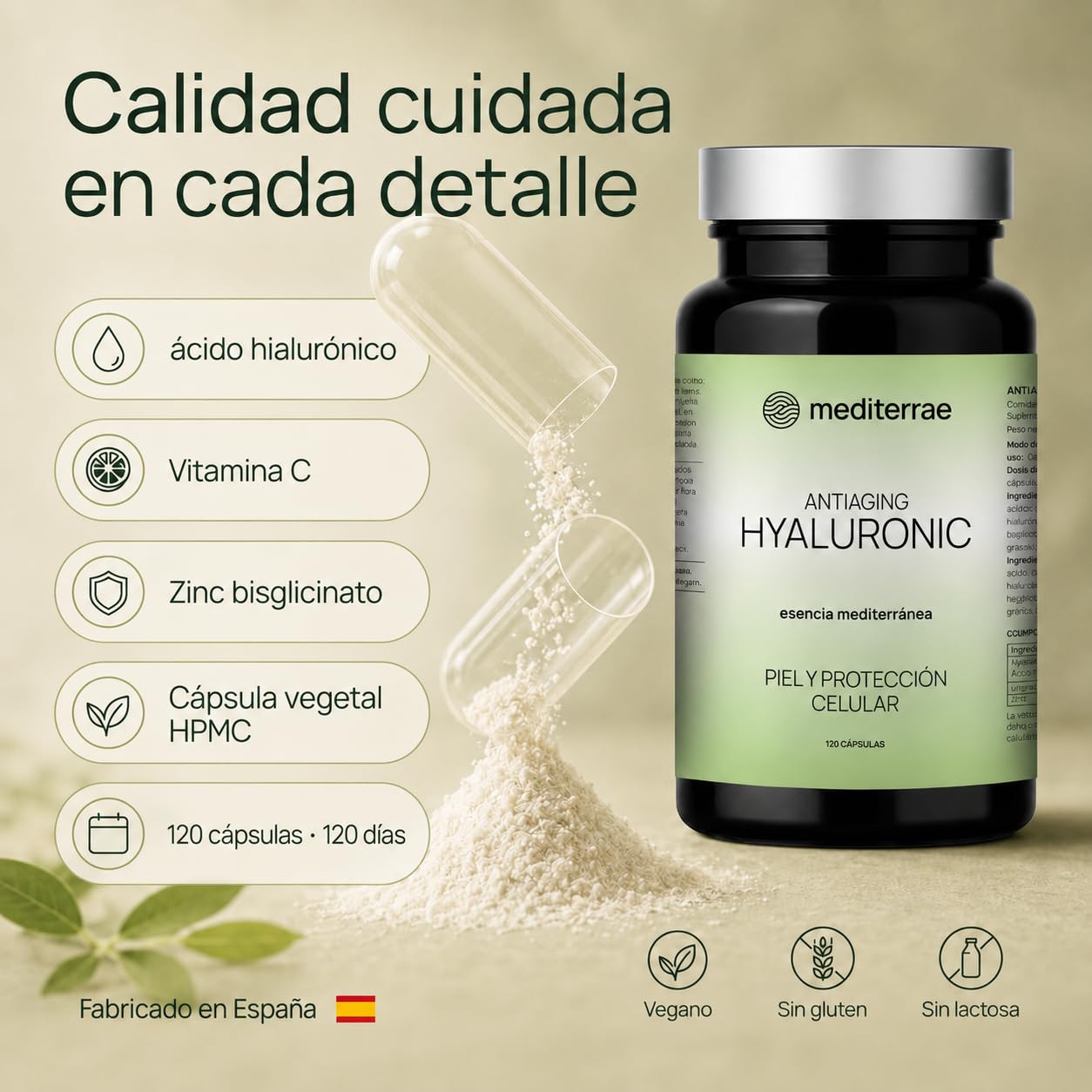 Ácido Hialurónico Cápsulas 120 Días | Piel Firme, Hidratación, Elasticidad y Luminosidad | Con Vitamina C + Zinc | Cápsulas Veganas y Protección Celular