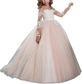 Abaowedding Lace Embroidery Sheer Long Sleeves Kids Trailing Gowns