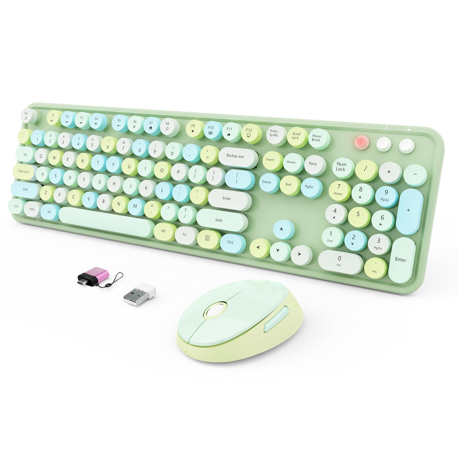 Wireless Keyboard and Mouse Combo, Ergonomic Full Size Typewriter Retro Round Keycaps Keyboard, Compatible with Windows, PC, Perfer for Home and Office Keyboards (Green