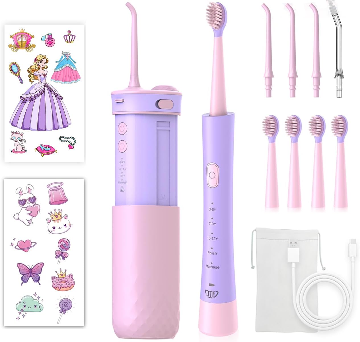 JTF Electric Toothbrush with Water Flosser Combo for Kids: 2-1 Oral Clean Kit for Teeth Brushing & Flossing, Multiple Modes for Braces & Sensitive Gums Care, Cordless Rechargeable for Home & Travel